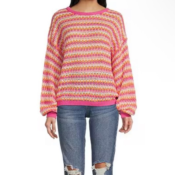 BLU PEPPER: pink white orange crochet stripe sweater w tie back! New! M - Picture 4 of 7